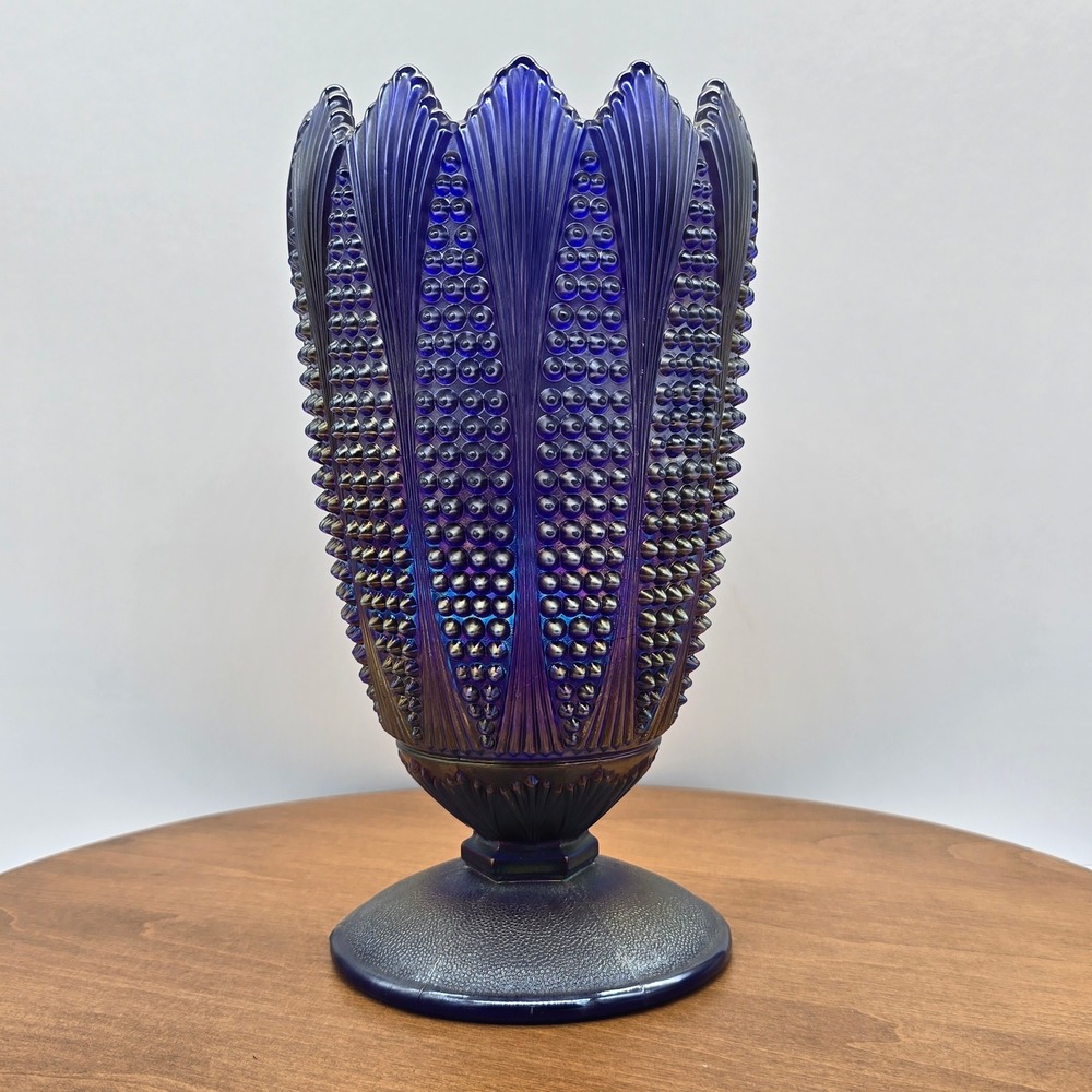 Vintage Imperial Glass Aurora Jewels Cobalt Blue Carnival Vase - IG‎ Marked